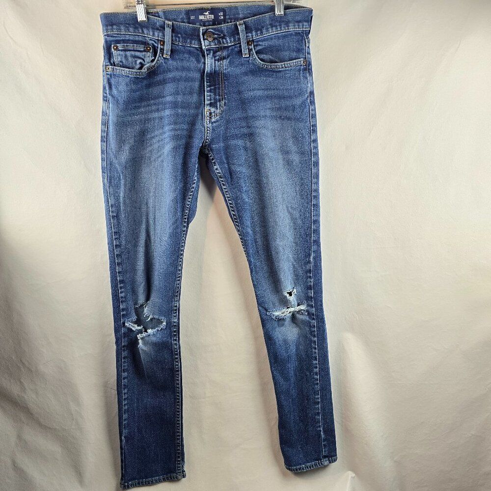 Hollister Jeans Mens 32x34 Blue Denim Skinny Distressed Dark Wash Preppy Casual